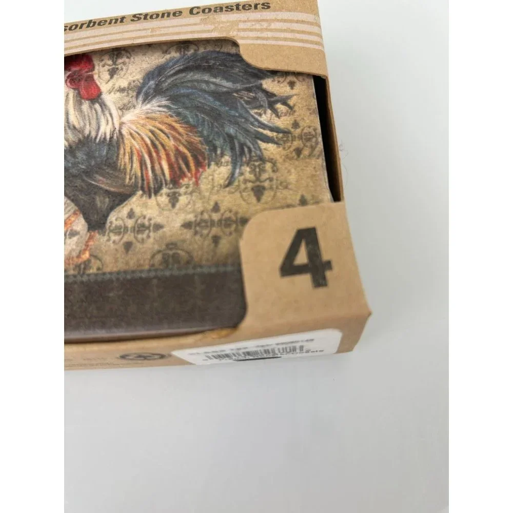 NEW Counter Art Rooster Stone Coasters, Absorbent Cork Backed Farmhouse Gift